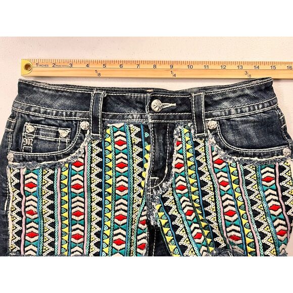 Miss Me Womens Denim Cut Off Shorts Aztec Embellished Sequin Embroidered Size 27 - Picture 5 of 9